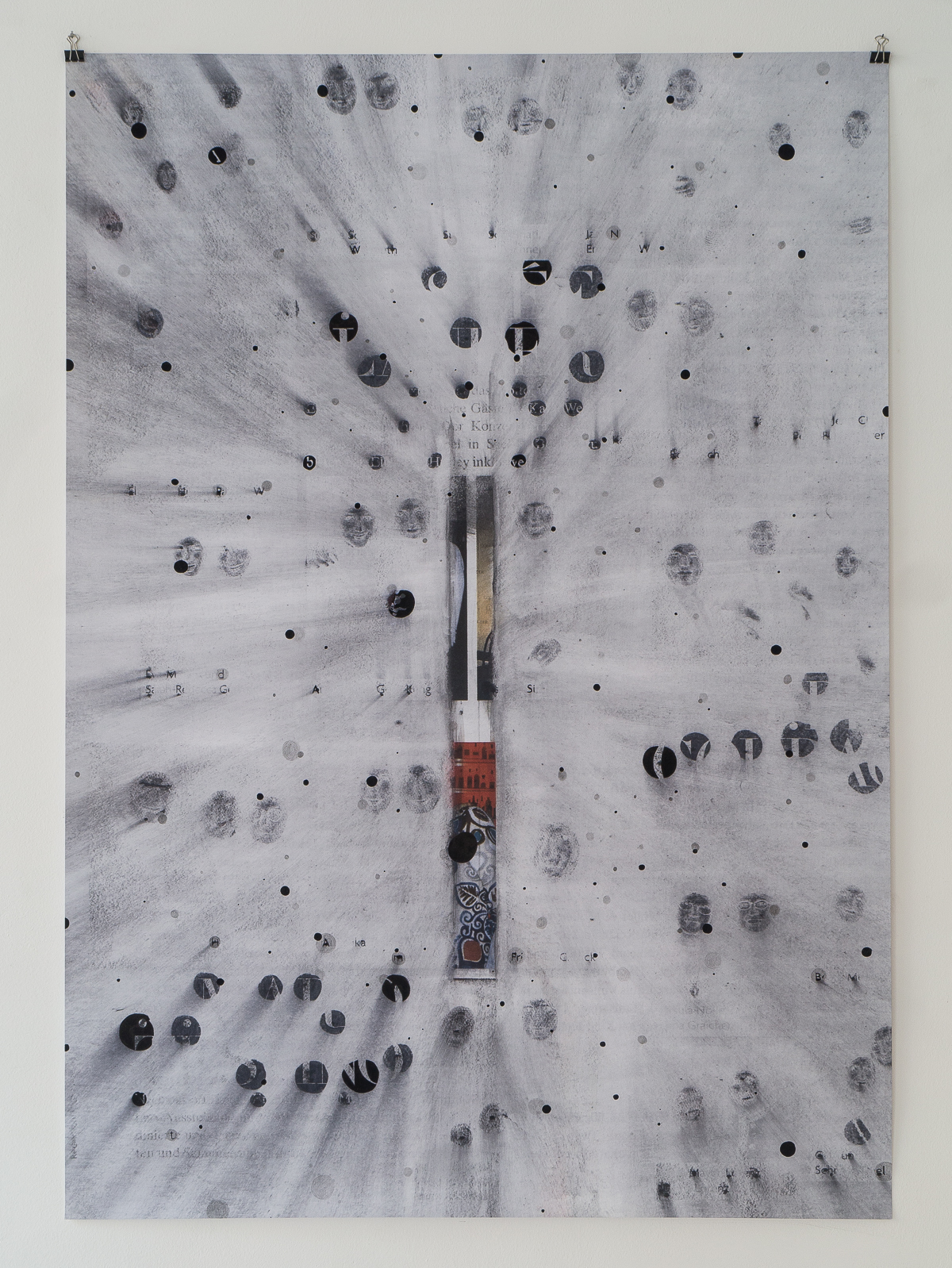 "The bang", 2017,  lavenderoil. pencil, feltpen on digitalprint, 84 x 118 cm