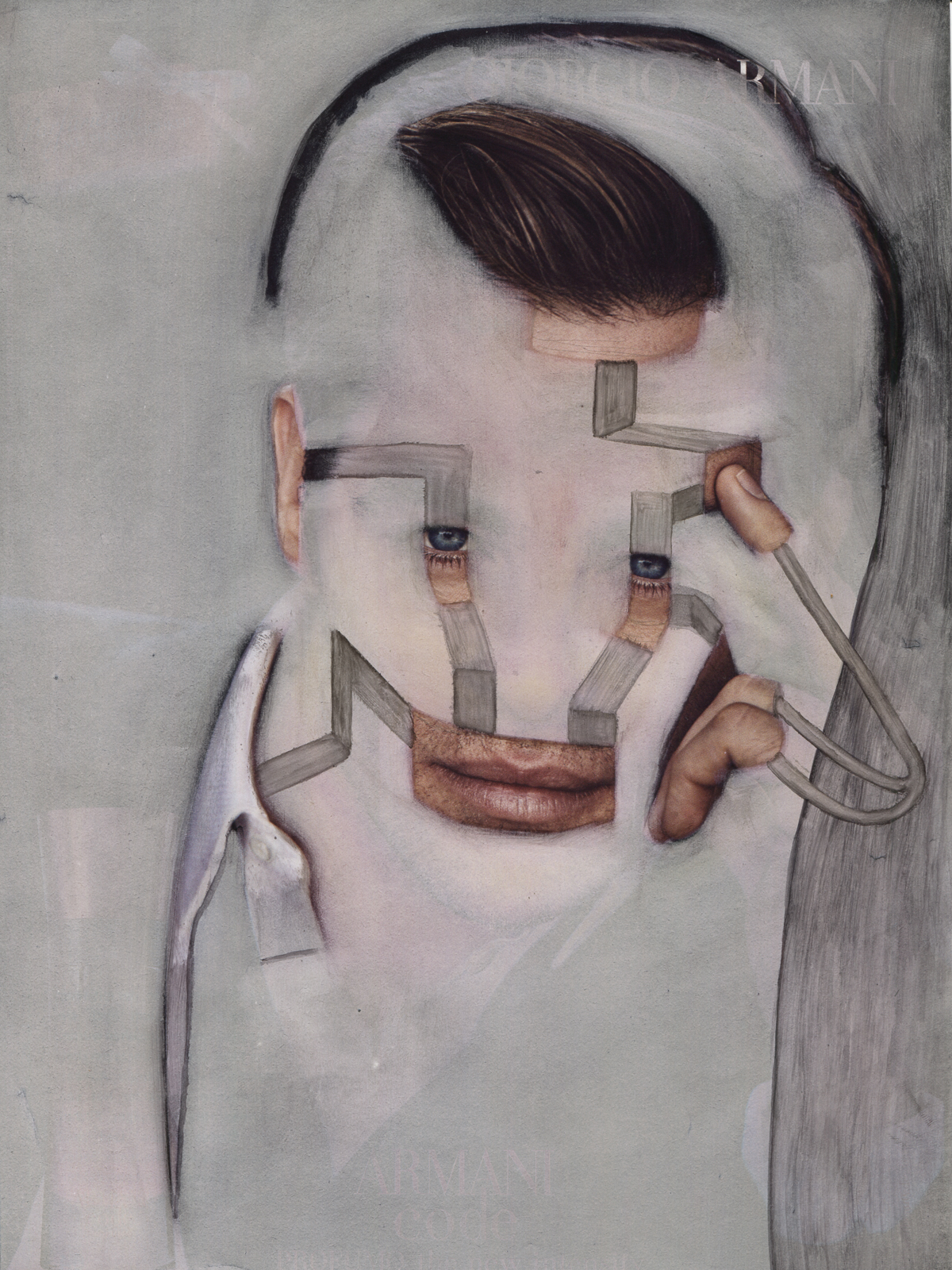 "Constructed gesture", 2017, lavenderoil, pencil on magazine page, 20.8 x 28,9 cm