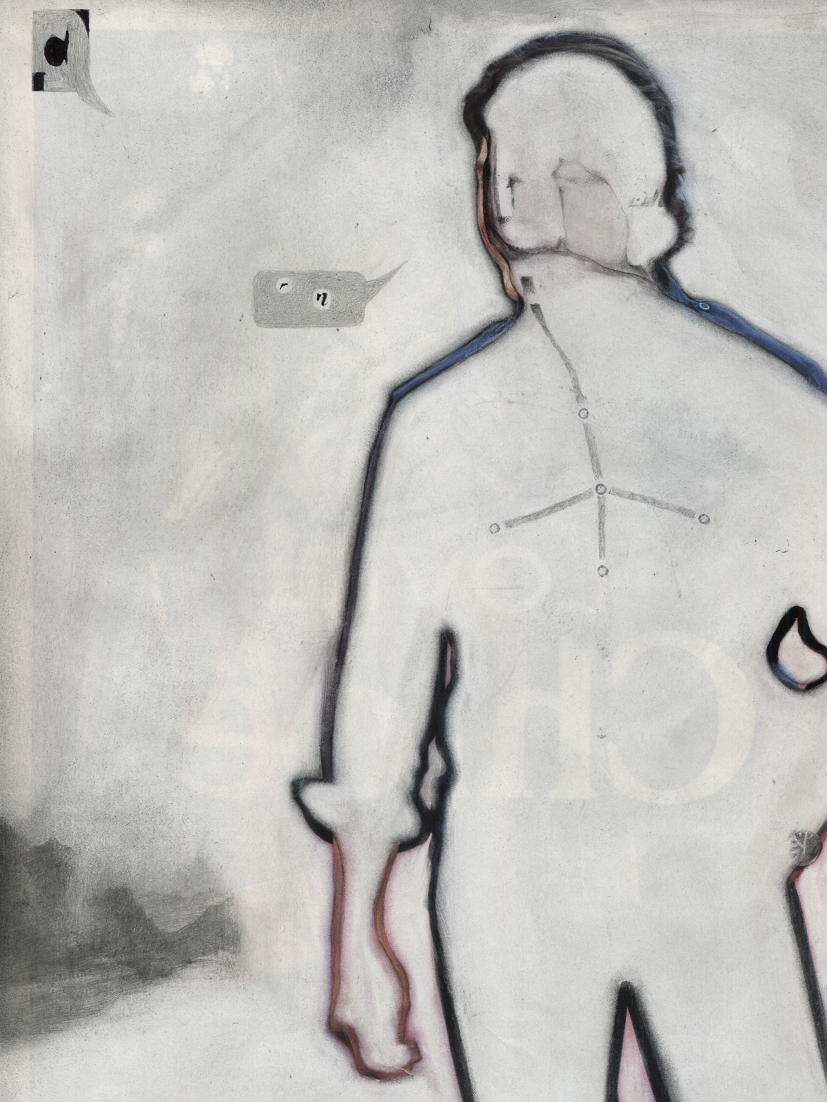 "Talking in pieces ", 2017, lavenderoil, pencil, feltpen on magazine page, 19.3 x 27.8 cm