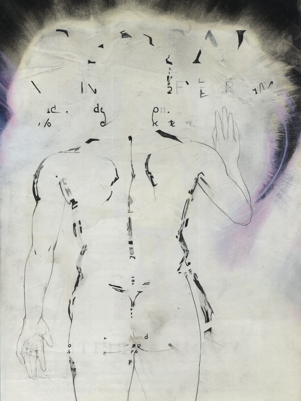 "Private Publicity", 2017, lavenderoil, pencil, feltpen on magazine page, 19.6 x 27.5 cm