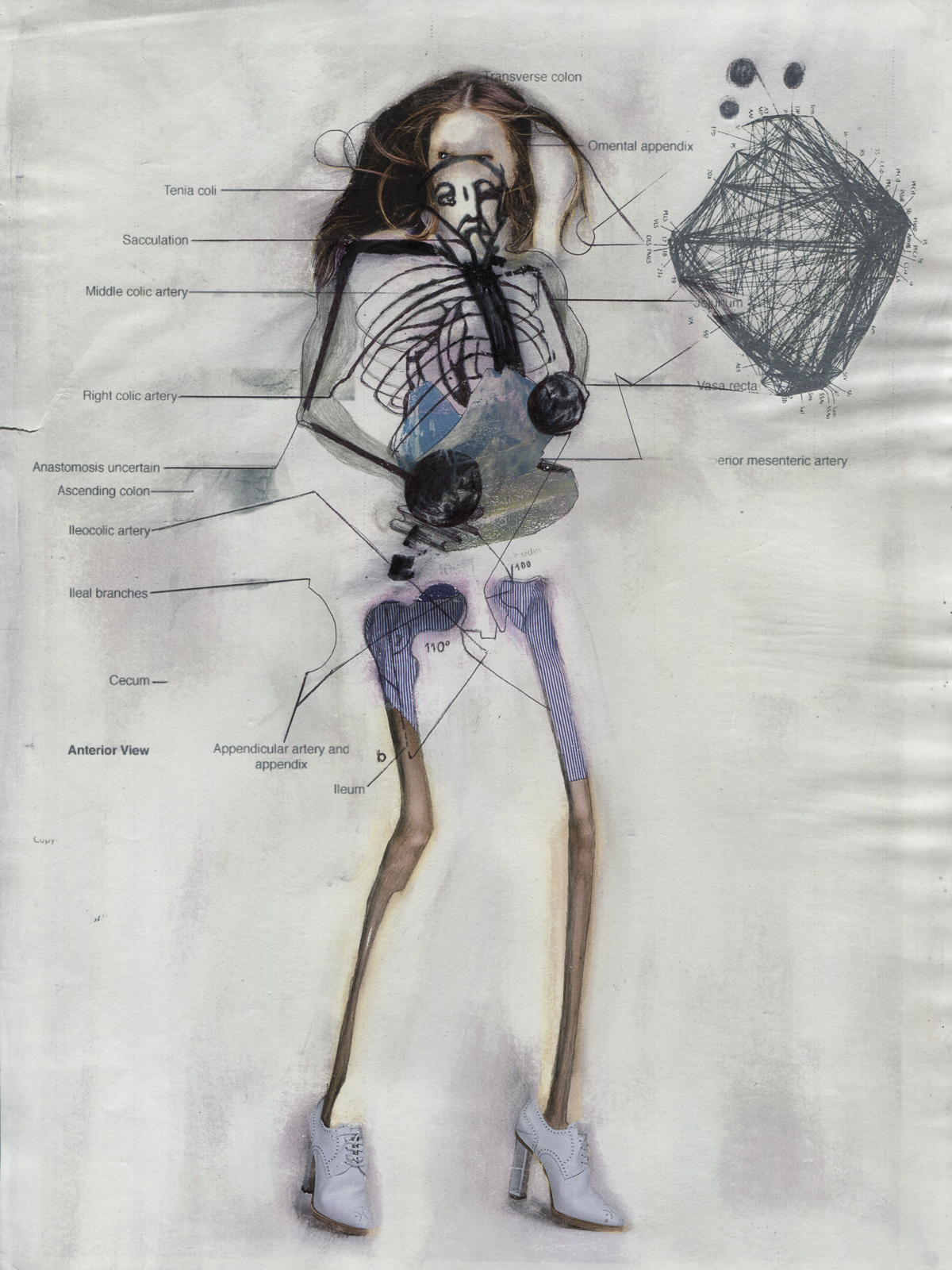"Golema", 2017, lavenderoil, computerprint, pencil, feltpen on magazine page, 19.7 x 27.4 cm,
