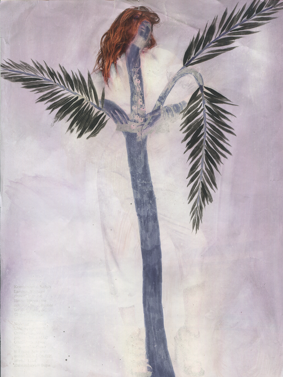 "Negative sun bath", 2017, lavenderoil, oil paint, feltpen on magazine page, 21.6 x 29.2 cm