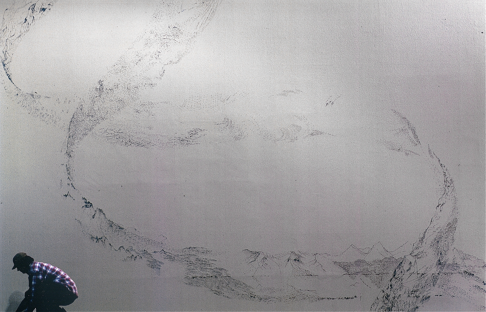 "Slope". 2000, staples on wall, appr. 800 x 500 cm