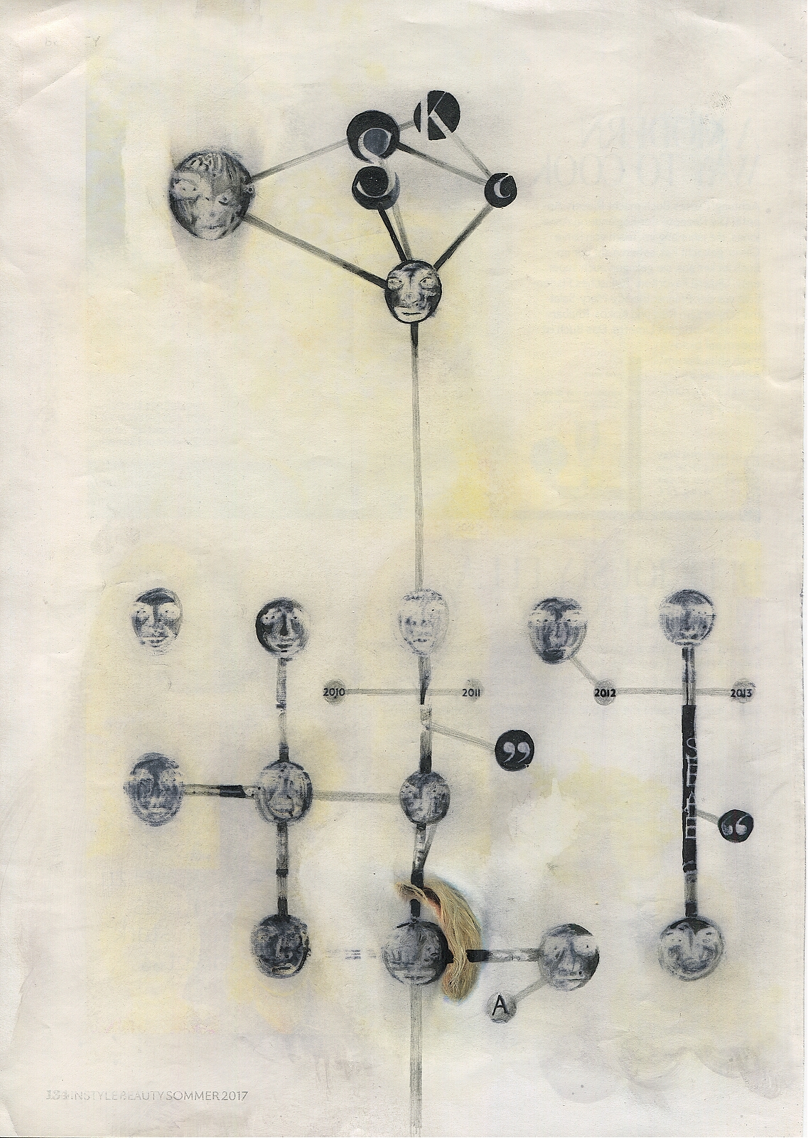 "Weak structure", 2018, lavender-oil, pencil, feltpen, on magazine page, 19.3 x 27.5 cm