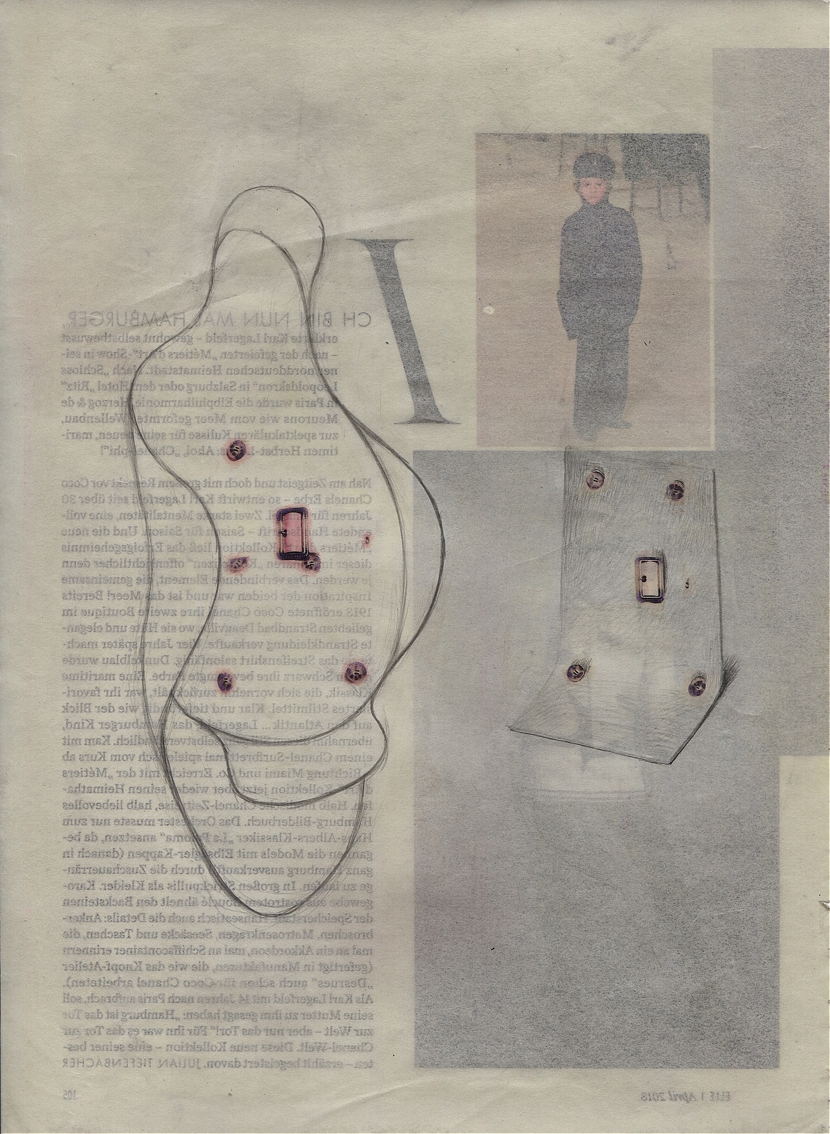 "Accessoires", 2018, lavender-oil, pencil, feltpen on magazine page, 20 x 27.3 cm