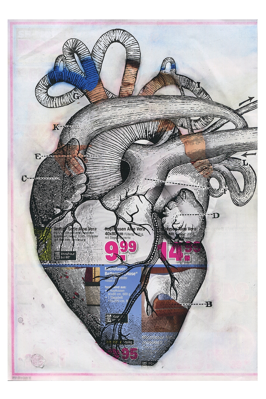 "The secret cardiology of consumerism", 2018, lavender oil, c-print and feltpen on magazine page, 19.8 x 28.3 cm