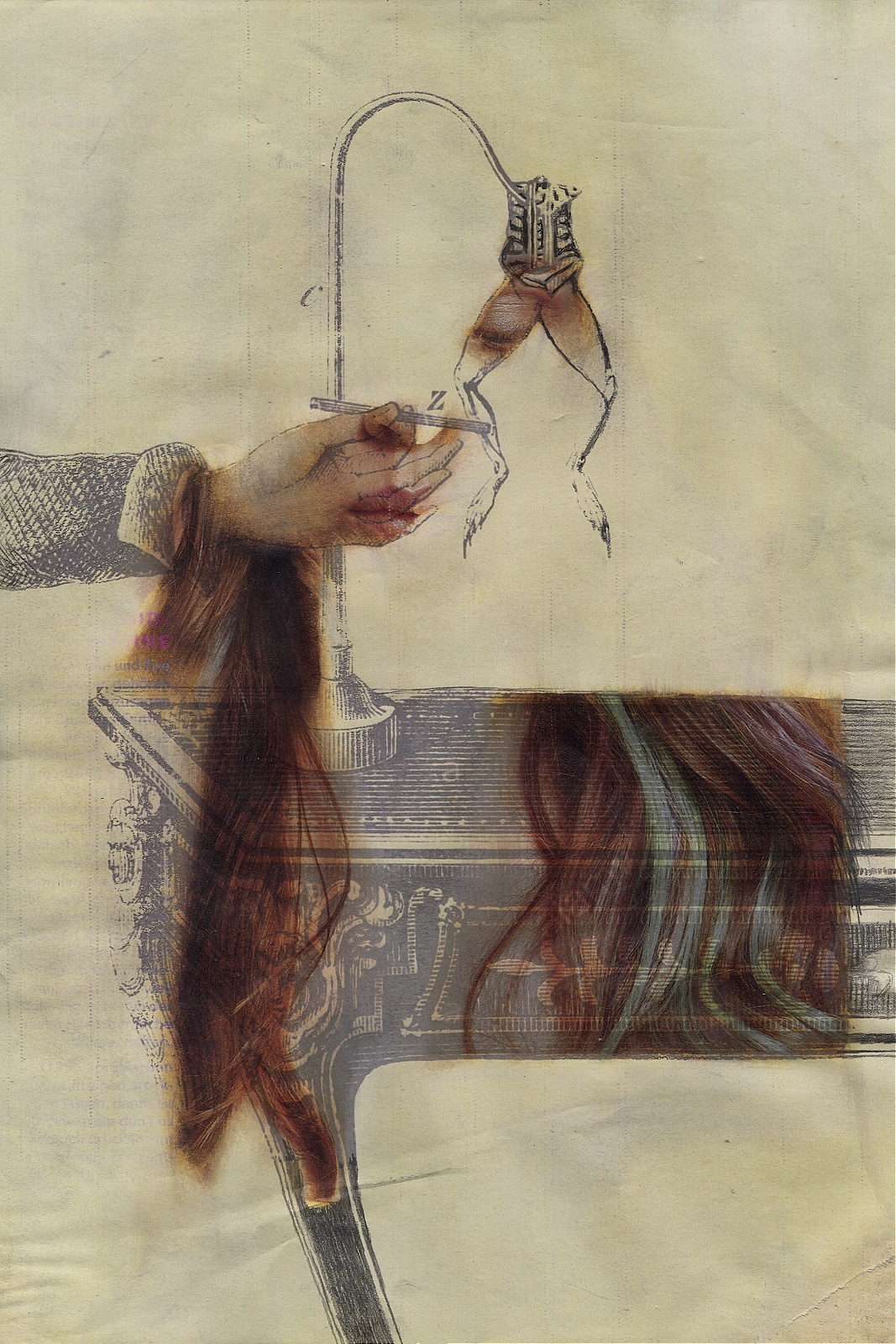 "The sweet domestication of everything", 2019, lavender oil, pencil, ballpen on magazine page, 20.1 x 25.2 cm
